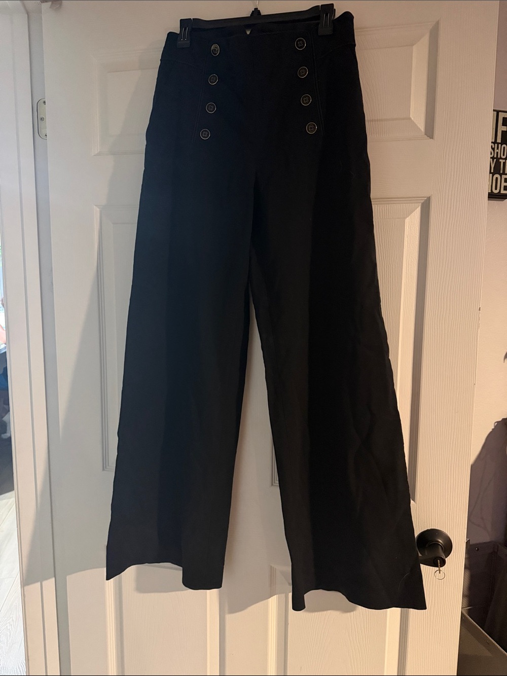 elevenses Black High-Waist Wide Leg Pants with Sailor Buttons side zip Size 10